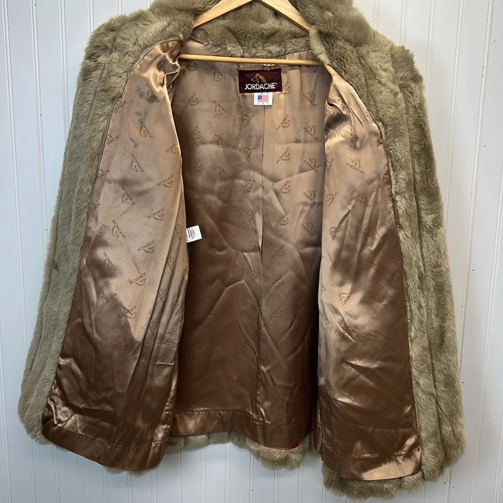 Vintage Jordache Faux Fur Glam Longline‎ Jacket Tan Satin Lined Made In USA Sz L